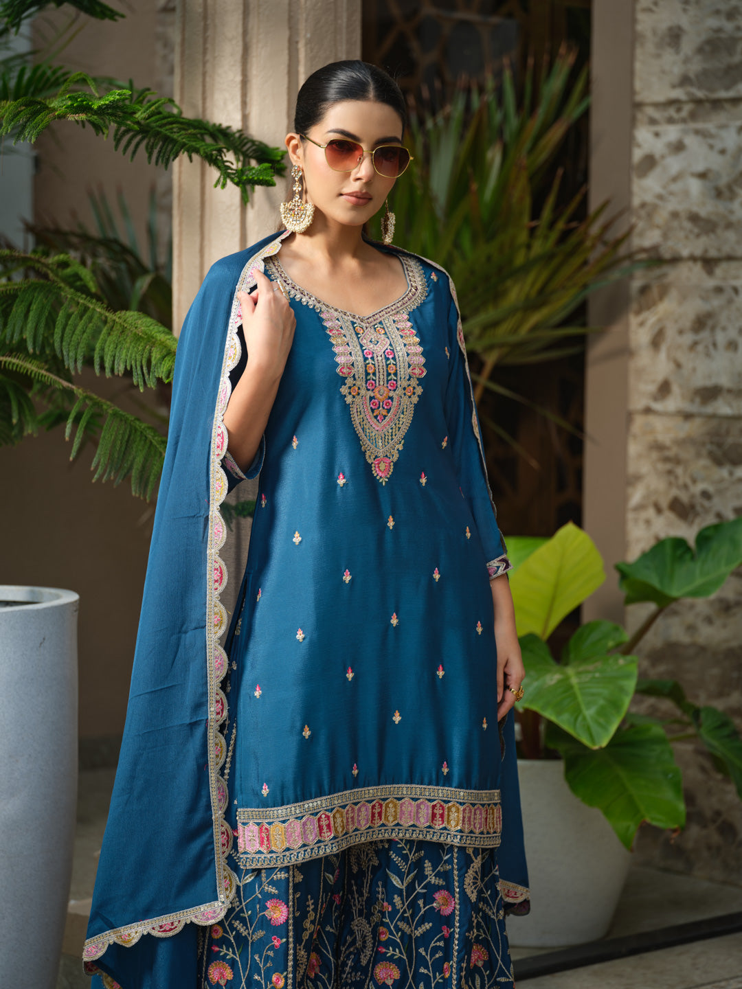 Women Ethnic Motifs Embroidered Kurta with Sharara & Dupatta