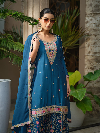 Women Ethnic Motifs Embroidered Kurta with Sharara & Dupatta