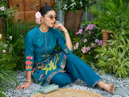 Teal Printed Co-Ord Set in Natural Crepe