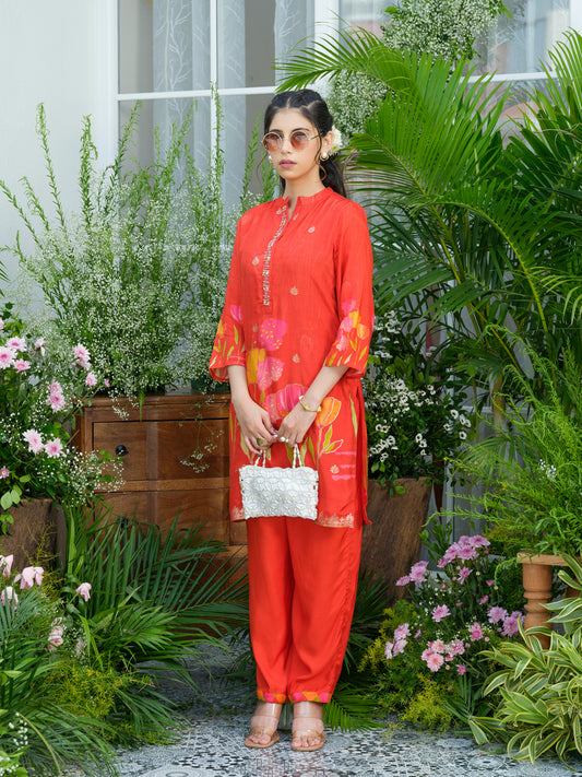 Red Floral Printed Co-ord Set with Embellished Kurta & Straight Pants