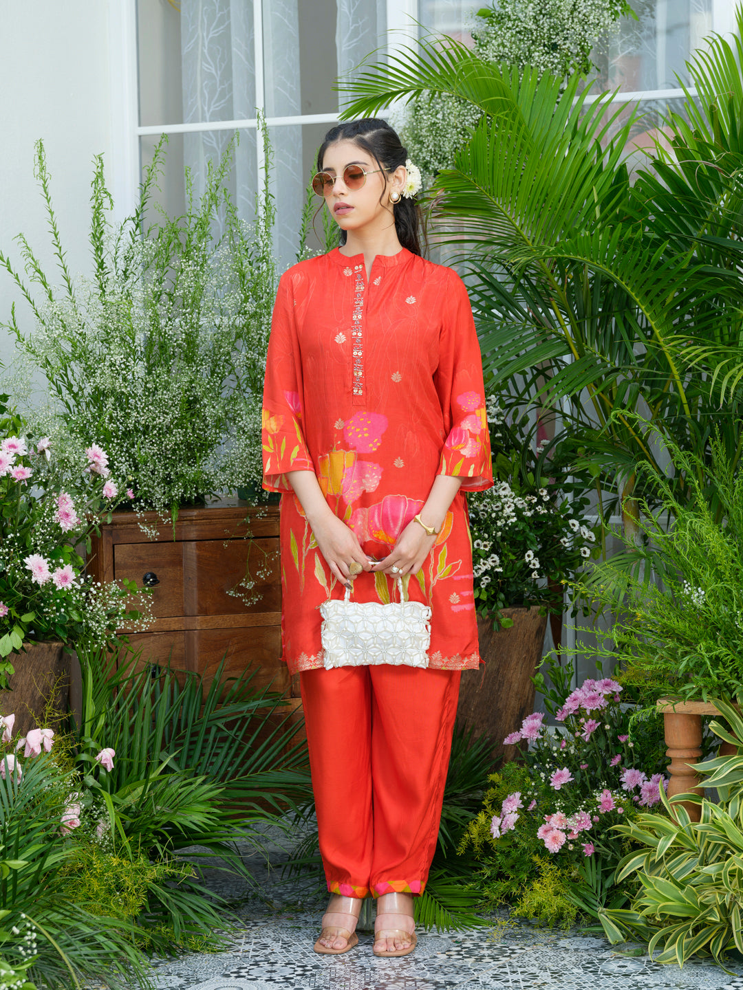 Red Floral Printed Co-ord Set with Embellished Kurta & Straight Pants