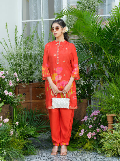 Red Floral Printed Co-ord Set with Embellished Kurta & Straight Pants