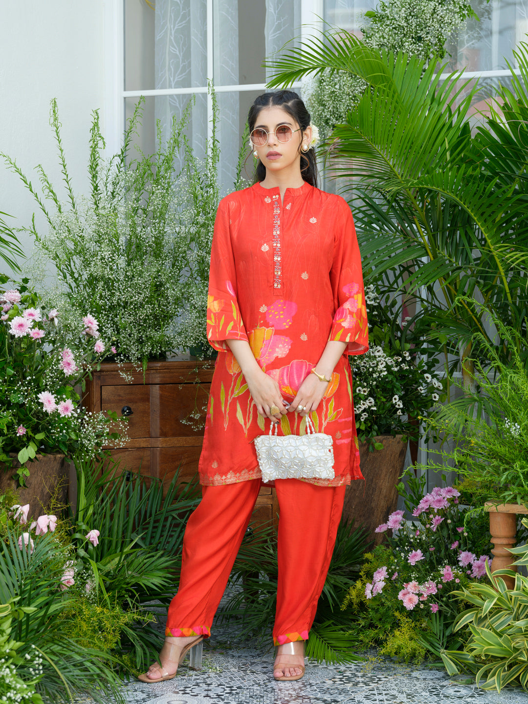 Red Floral Printed Co-ord Set with Embellished Kurta & Straight Pants