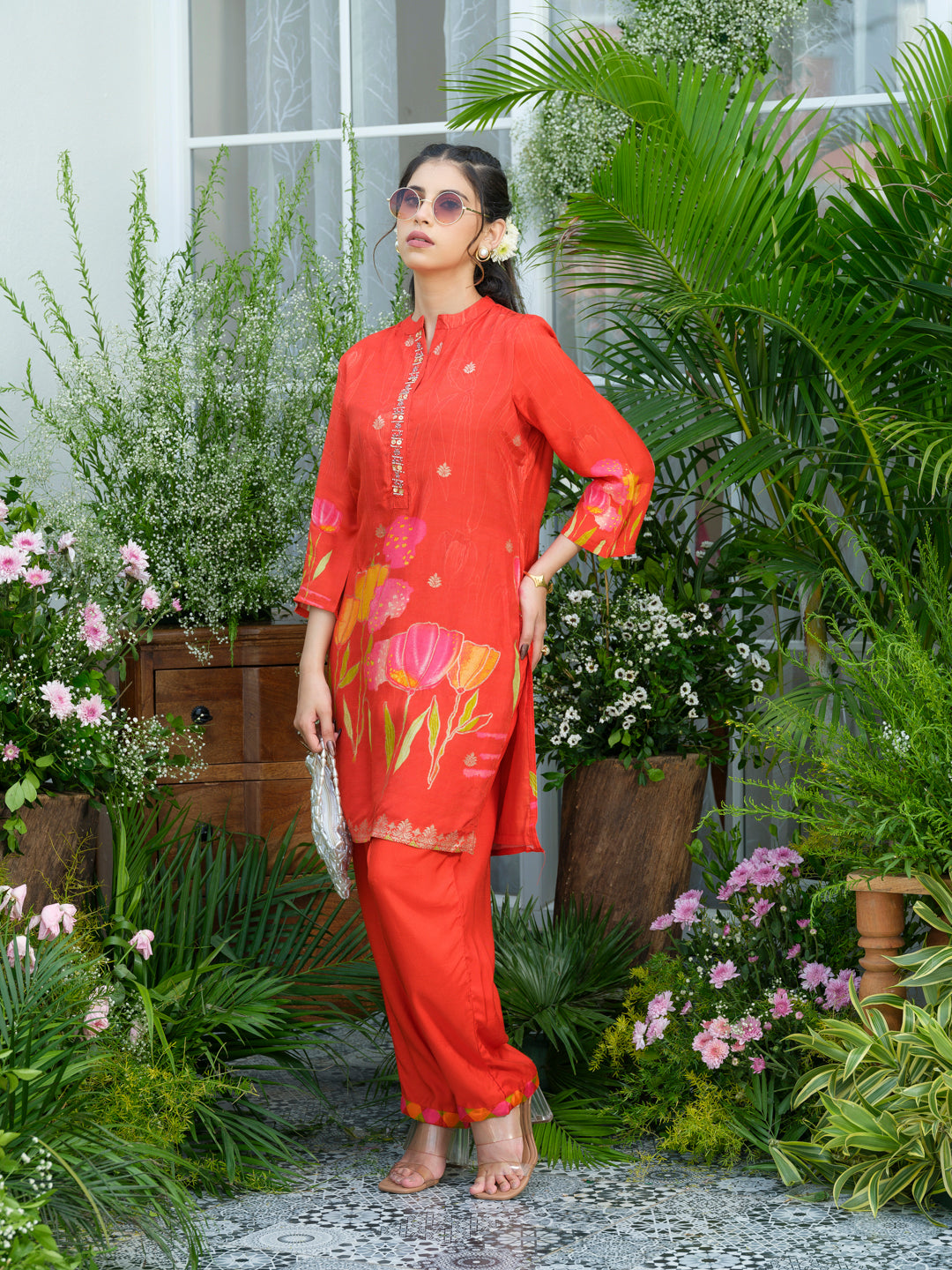 Red Floral Printed Co-ord Set with Embellished Kurta & Straight Pants