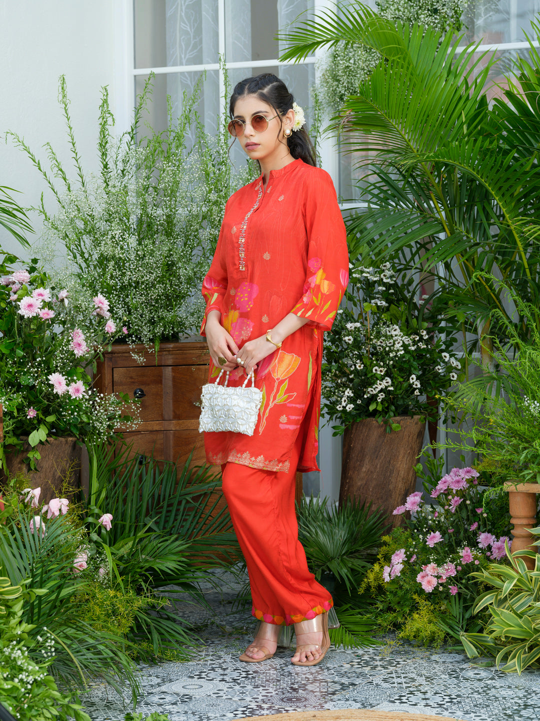 Red Floral Printed Co-ord Set with Embellished Kurta & Straight Pants