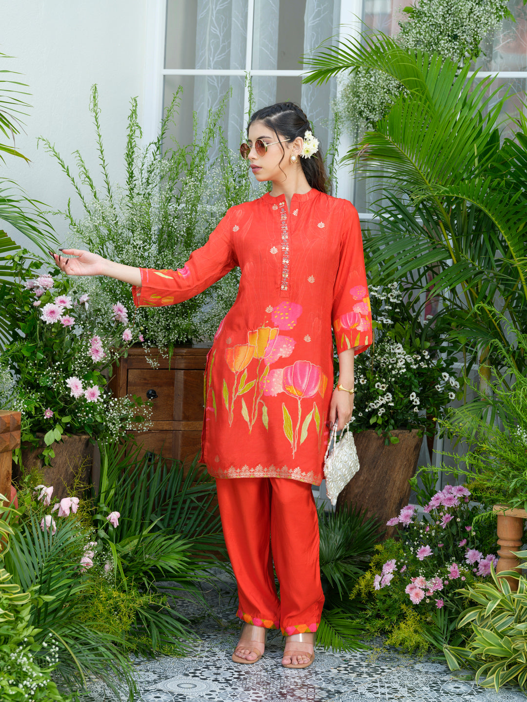 Red Floral Printed Co-ord Set with Embellished Kurta & Straight Pants