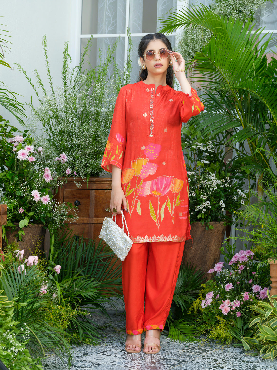Red Floral Printed Co-ord Set with Embellished Kurta & Straight Pants
