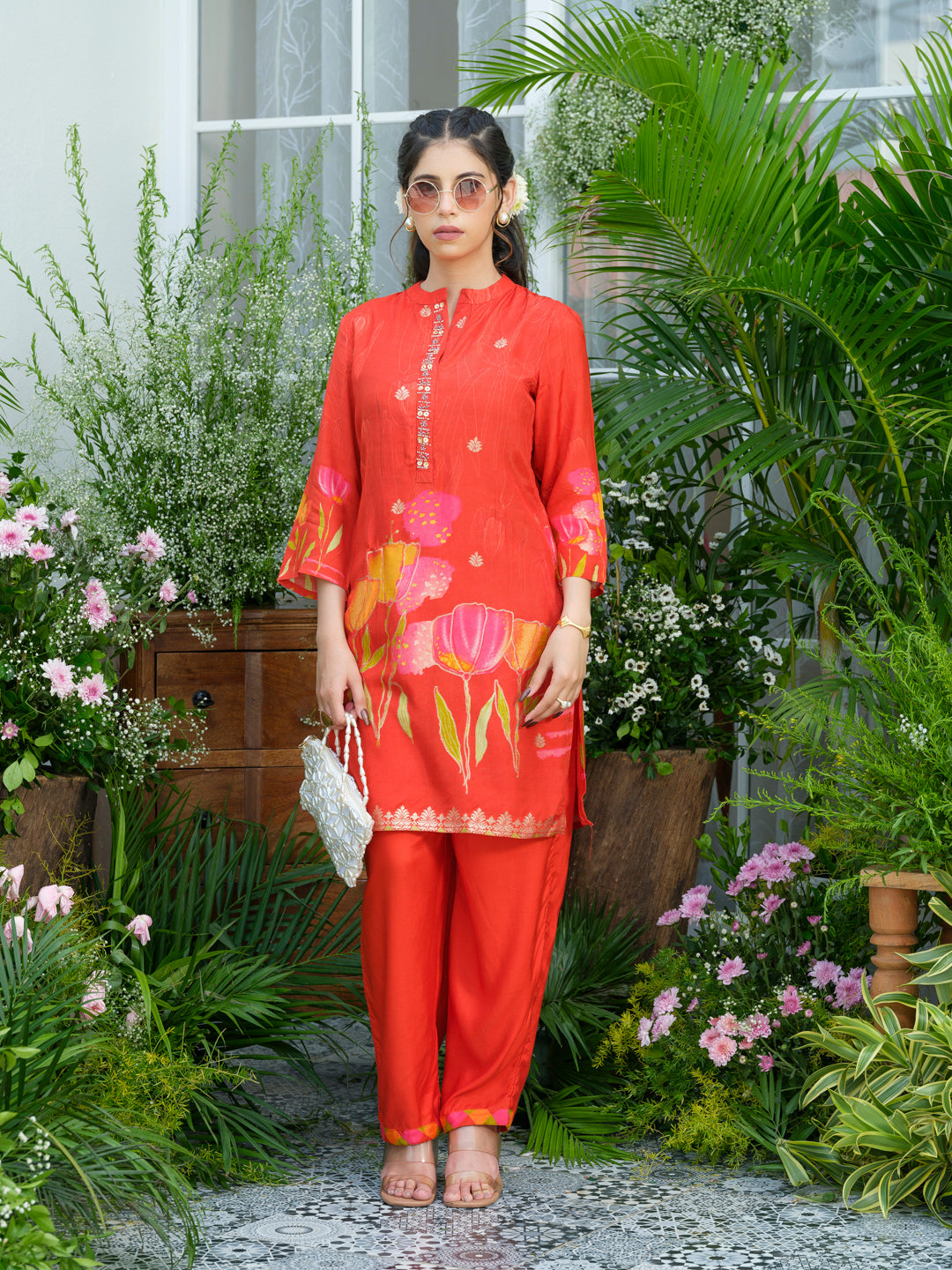 Red Floral Printed Co-ord Set with Embellished Kurta & Straight Pants