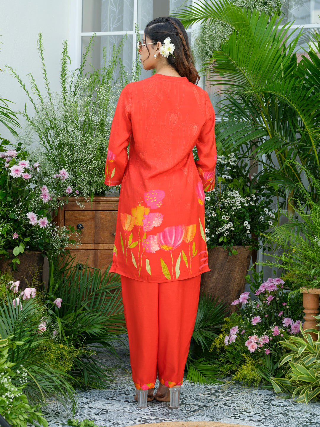 Red Floral Printed Co-ord Set with Embellished Kurta & Straight Pants