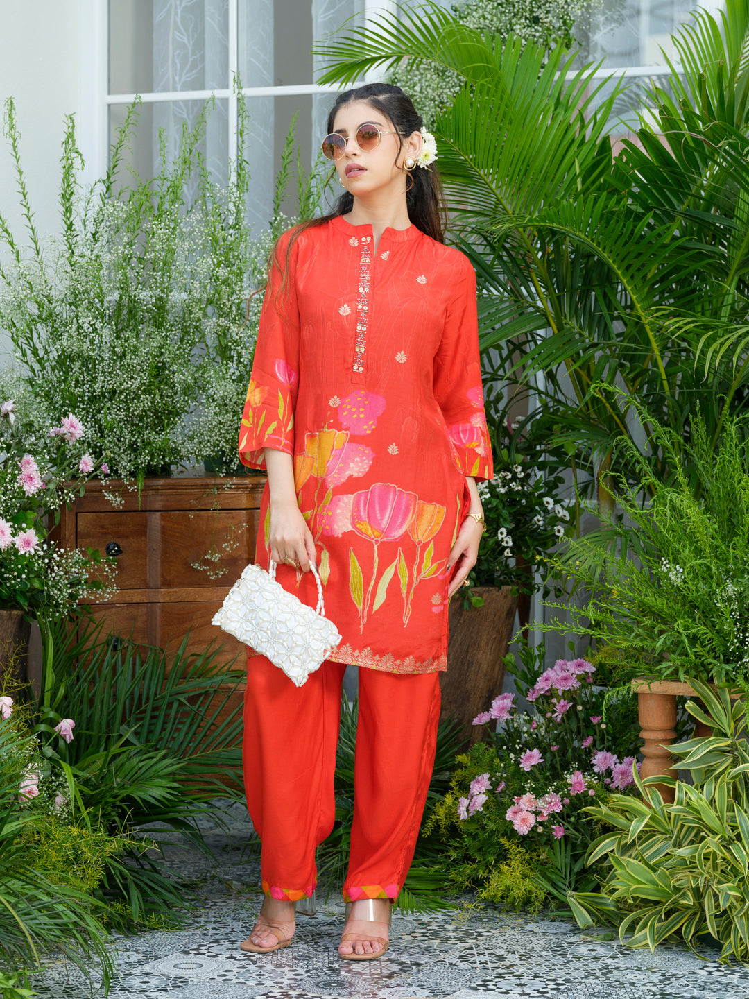 Red Floral Printed Co-ord Set with Embellished Kurta & Straight Pants