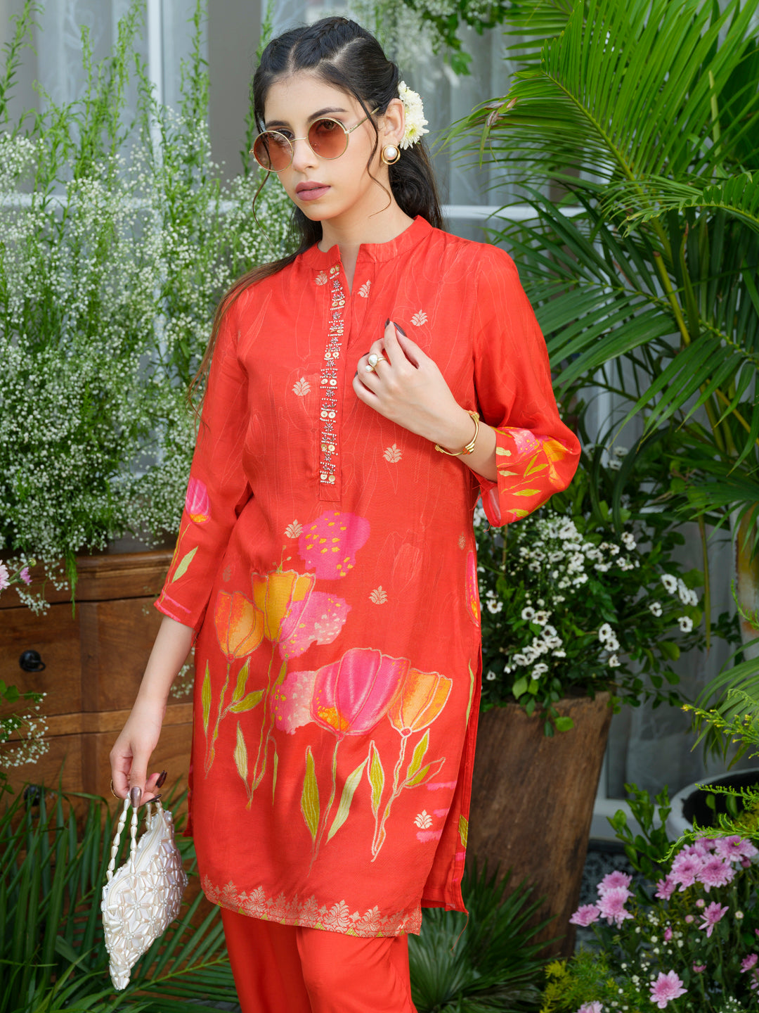 Red Floral Printed Co-ord Set with Embellished Kurta & Straight Pants