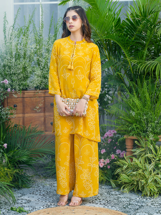 Sunlit Charm – Mustard Yellow Printed Co-Ord Set in Natural Crepe