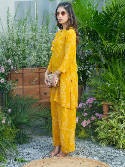Sunlit Charm – Mustard Yellow Printed Co-Ord Set in Natural Crepe