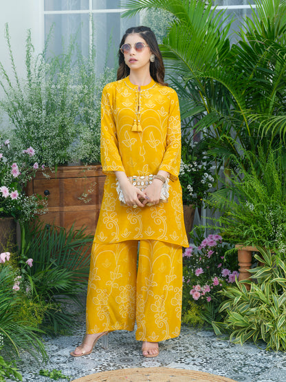 Sunlit Charm – Mustard Yellow Printed Co-Ord Set in Natural Crepe