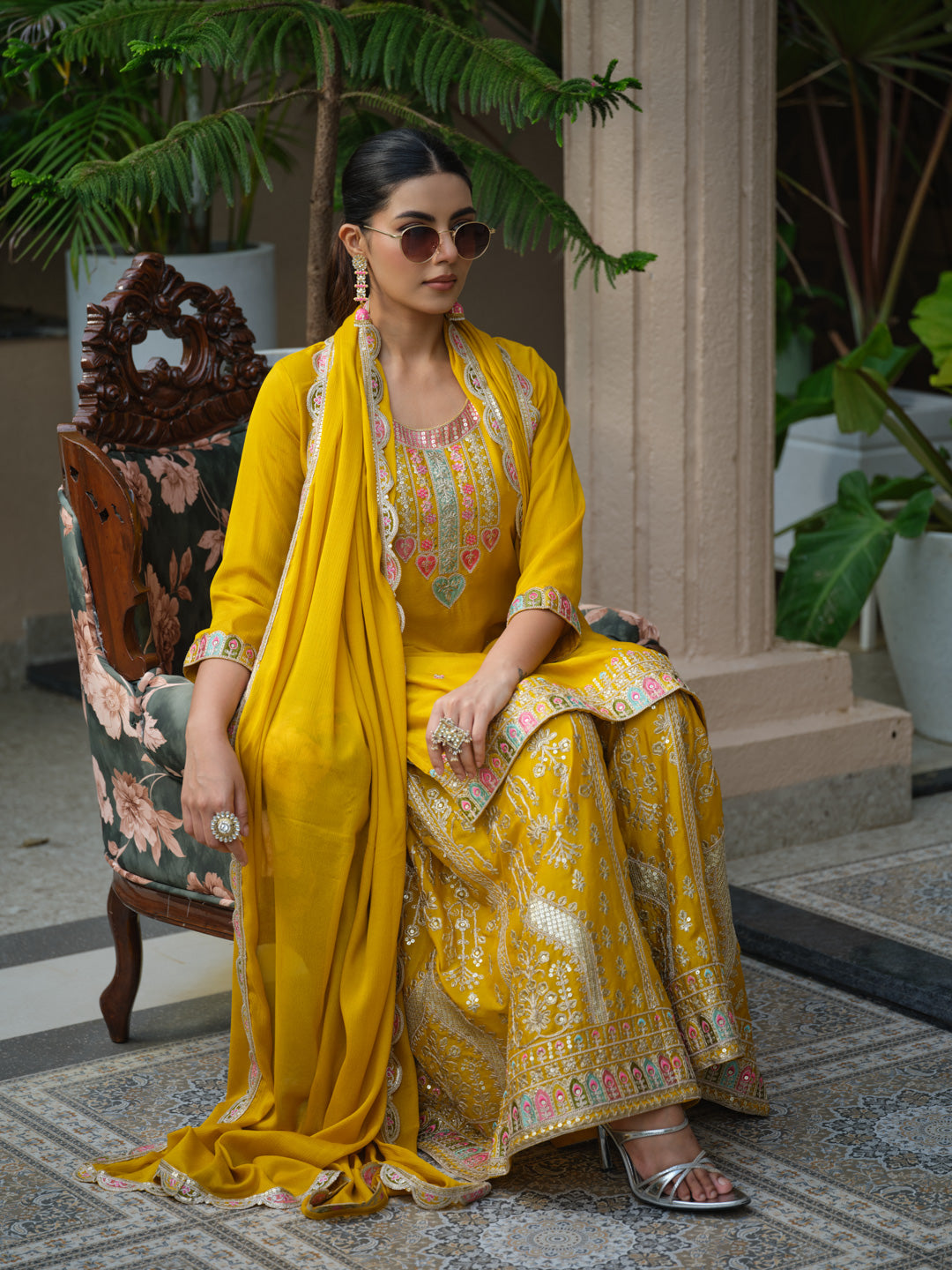 Embroidered Straight Kurta & Sharara With Dupatta