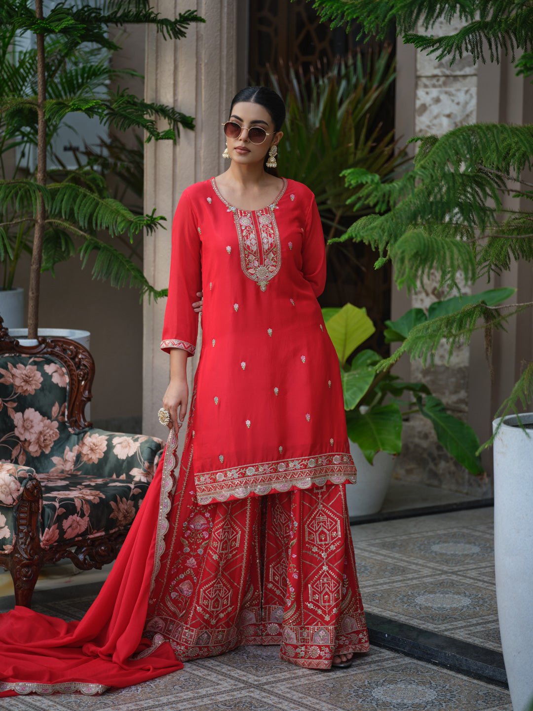 Women Ethnic Motifs Embroidered Straight Kurta & Sharara With Dupatta