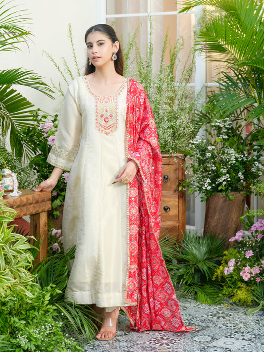 White Embroidered Neckline A line Kurta with Trouser and Red Printed Dupatta