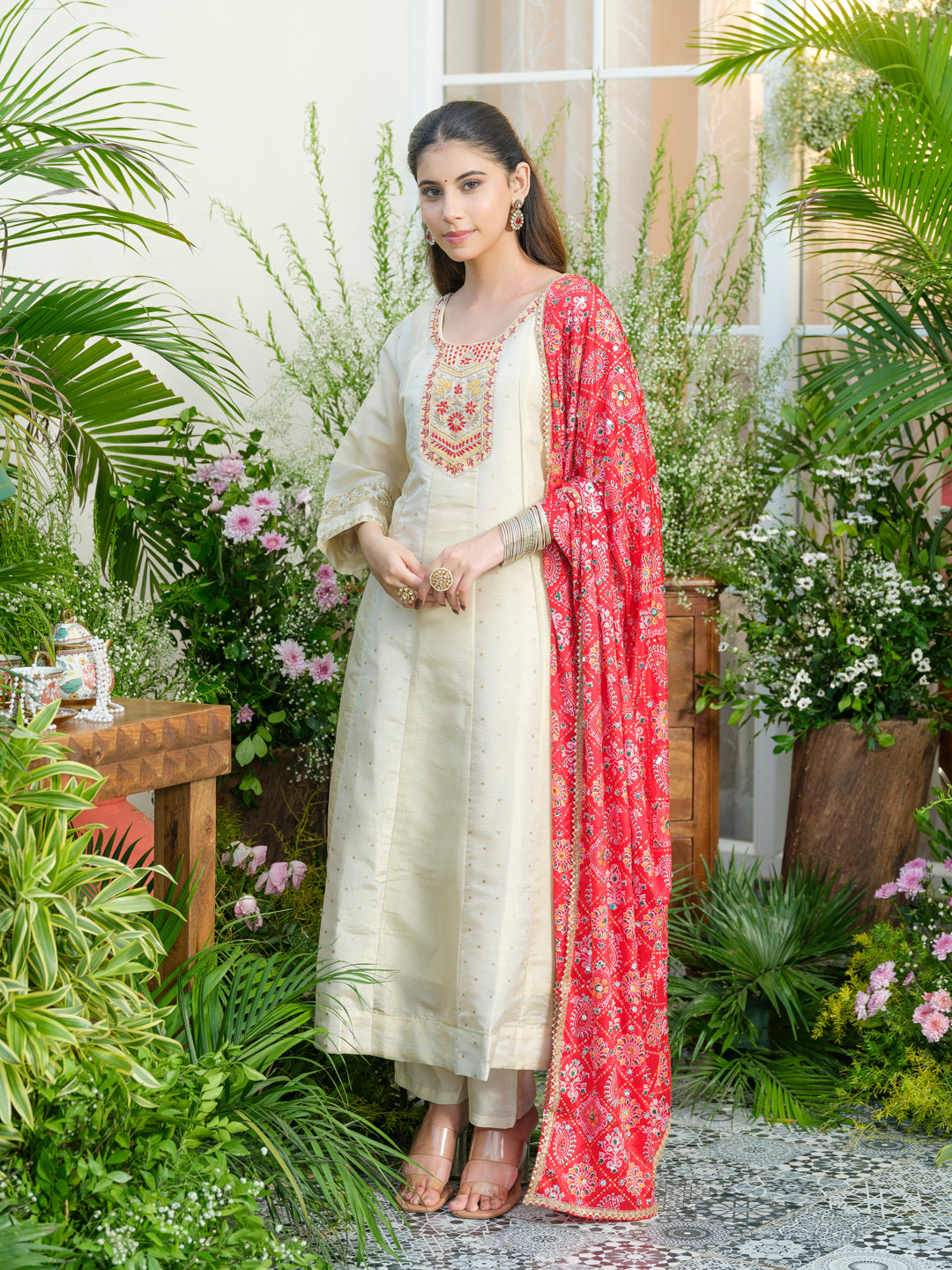 White Embroidered Neckline A line Kurta with Trouser and Red Printed Dupatta