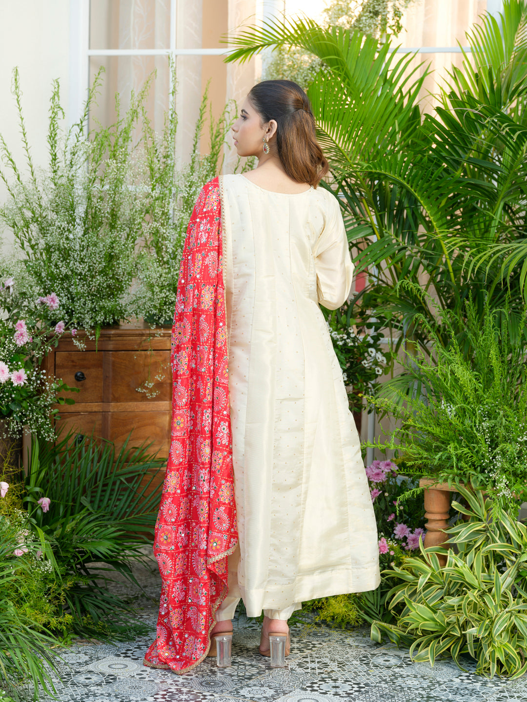 White Embroidered Neckline A line Kurta with Trouser and Red Printed Dupatta