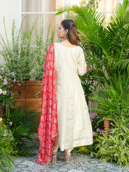 White Embroidered Neckline A line Kurta with Trouser and Red Printed Dupatta
