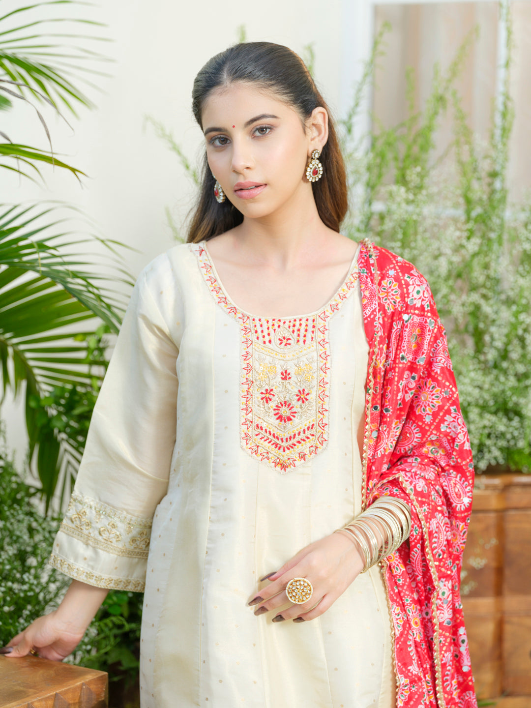 White Embroidered Neckline A line Kurta with Trouser and Red Printed Dupatta