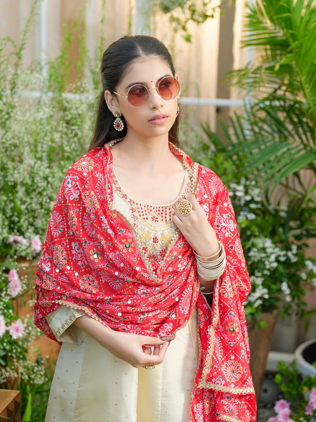 White Embroidered Neckline A line Kurta with Trouser and Red Printed Dupatta