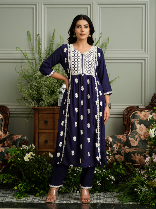 Women's Navy Blue Hand Chikankari embroidery A-Line Kurta With Pant