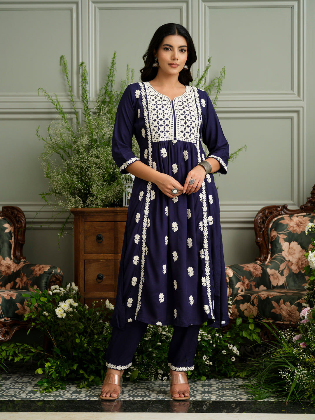 Women's Navy Blue Hand Chikankari embroidery A-Line Kurta With Pant