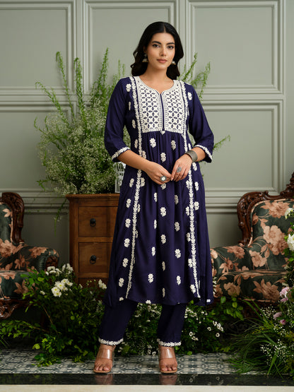 Women's Navy Blue Hand Chikankari embroidery A-Line Kurta With Pant