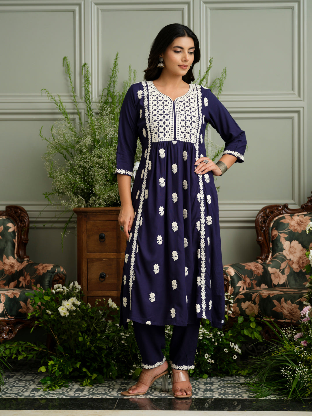 Women's Navy Blue Hand Chikankari embroidery A-Line Kurta With Pant