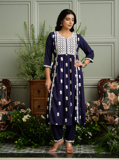 Women's Navy Blue Hand Chikankari embroidery A-Line Kurta With Pant