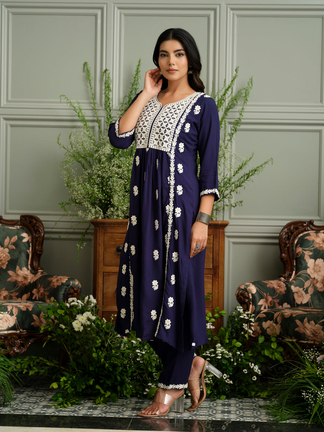 Women's Navy Blue Hand Chikankari embroidery A-Line Kurta With Pant