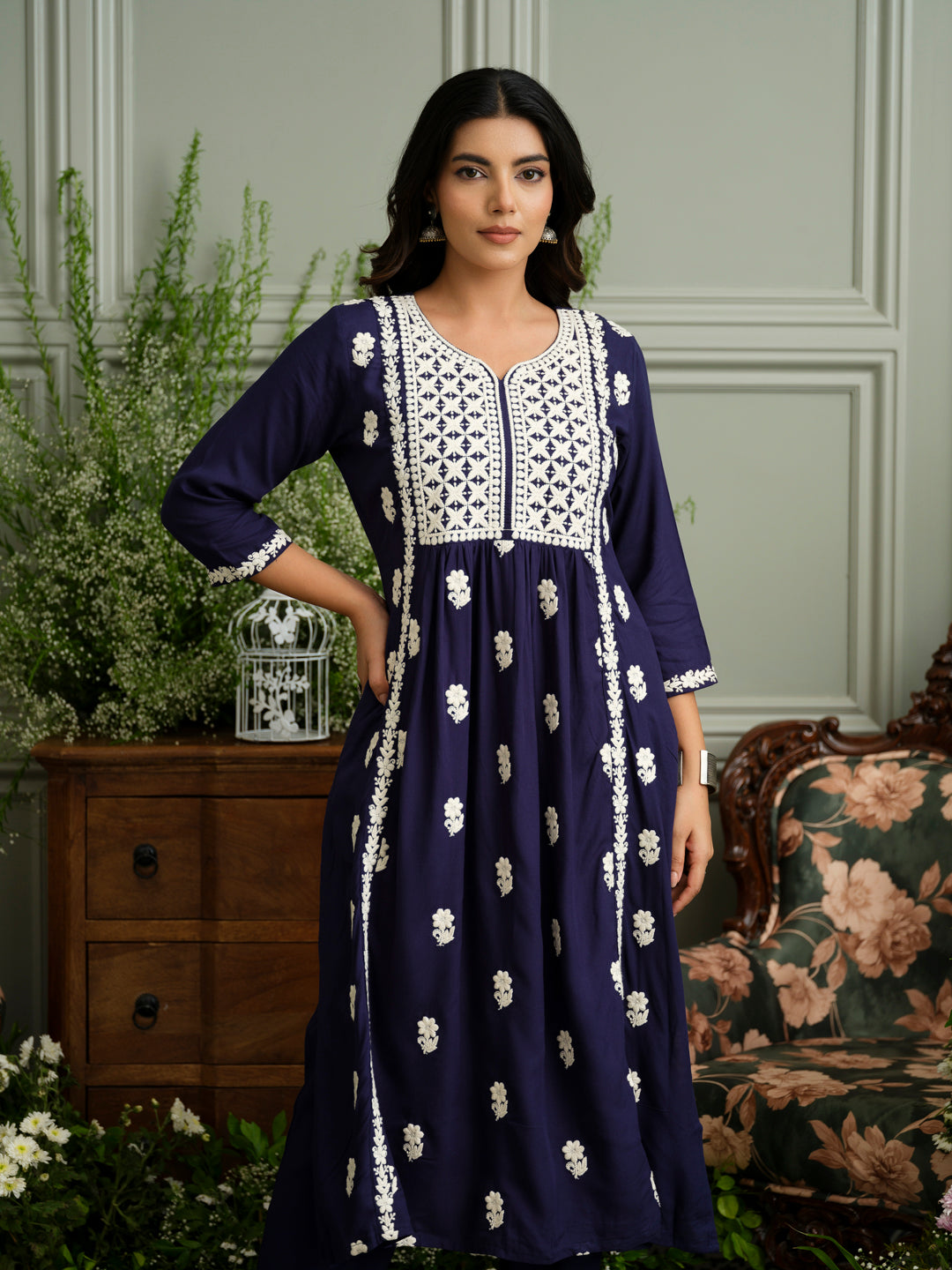 Women's Navy Blue Hand Chikankari embroidery A-Line Kurta With Pant