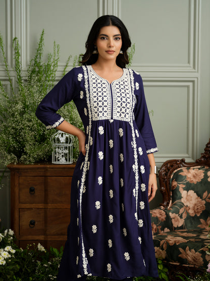 Women's Navy Blue Hand Chikankari embroidery A-Line Kurta With Pant