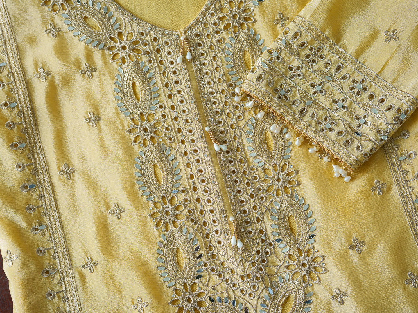 Embroidered Mirror and Cut Work Pakistani Kurta with Trouser and Dupatta Set