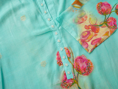 Aqua Blue Floral Printed Co-ord Set with Straight Pants