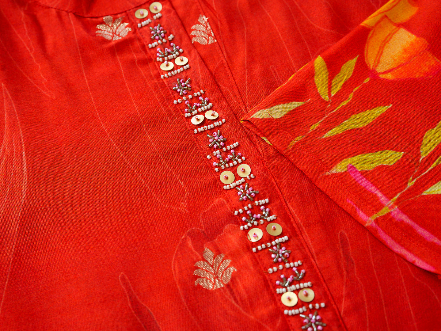 Red Floral Printed Co-ord Set with Embellished Kurta & Straight Pants