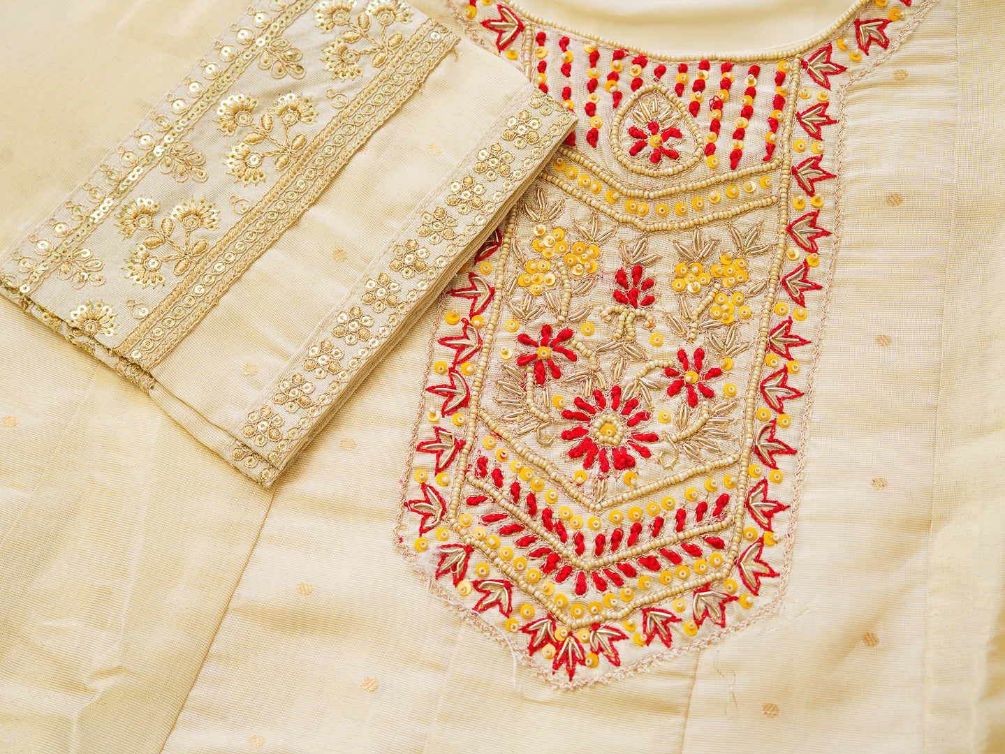 White Embroidered Neckline A line Kurta with Trouser and Red Printed Dupatta