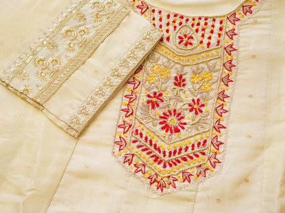 White Embroidered Neckline A line Kurta with Trouser and Red Printed Dupatta