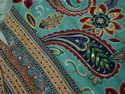 Sea Blue Printed Natural Crepe Silk Co-ords Set with Tassels & Handwork