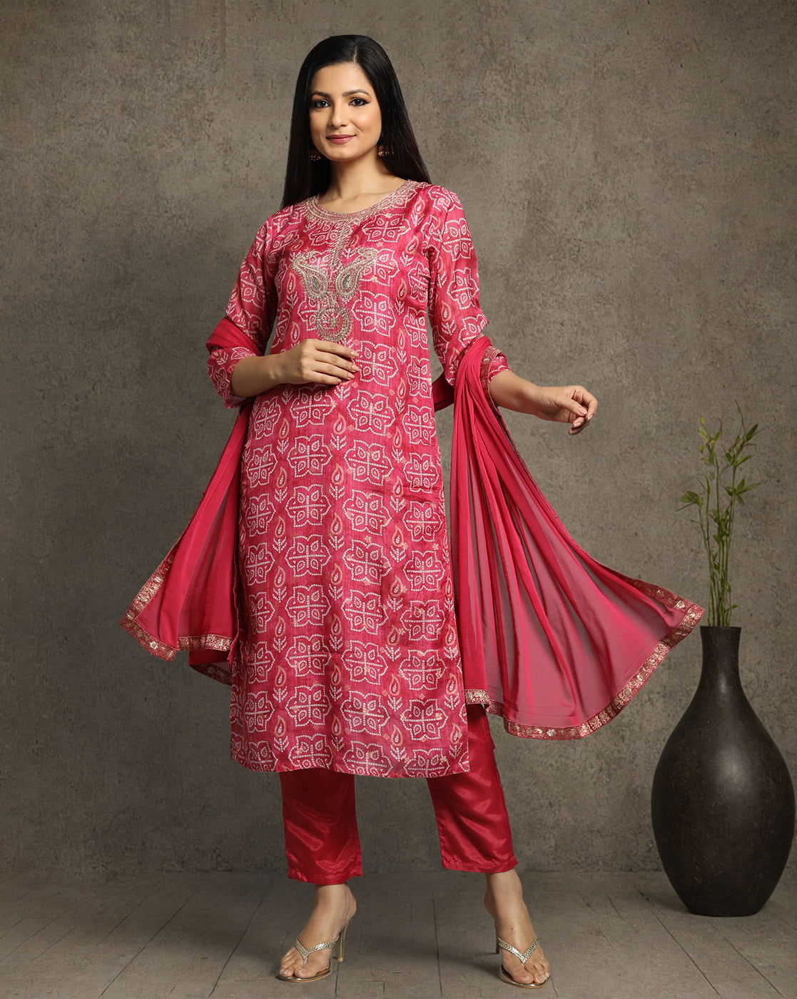 Bandhani Printed Thread Work  Kurta With Trousers & Dupatta - Buy Best Ethnic Wear for Women & Girls | Daily Woman - 