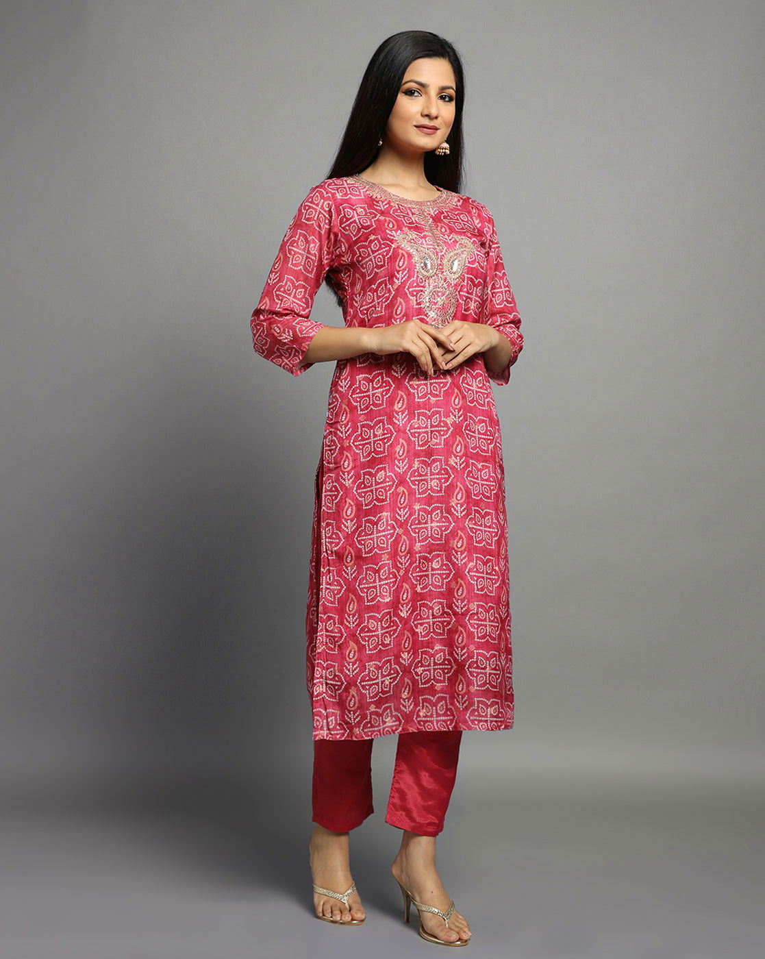 Bandhani Printed Thread Work  Kurta With Trousers & Dupatta - Buy Best Ethnic Wear for Women & Girls | Daily Woman - 