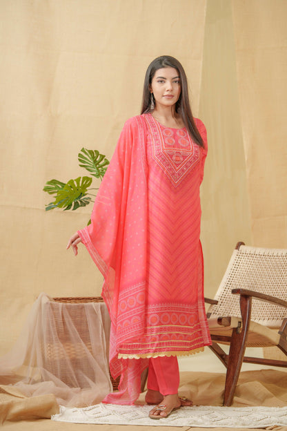 Bandhani Printed Thread Work Linen Kurta With Trousers & Dupatta - Buy Best Ethnic Wear for Women & Girls | Daily Woman - 