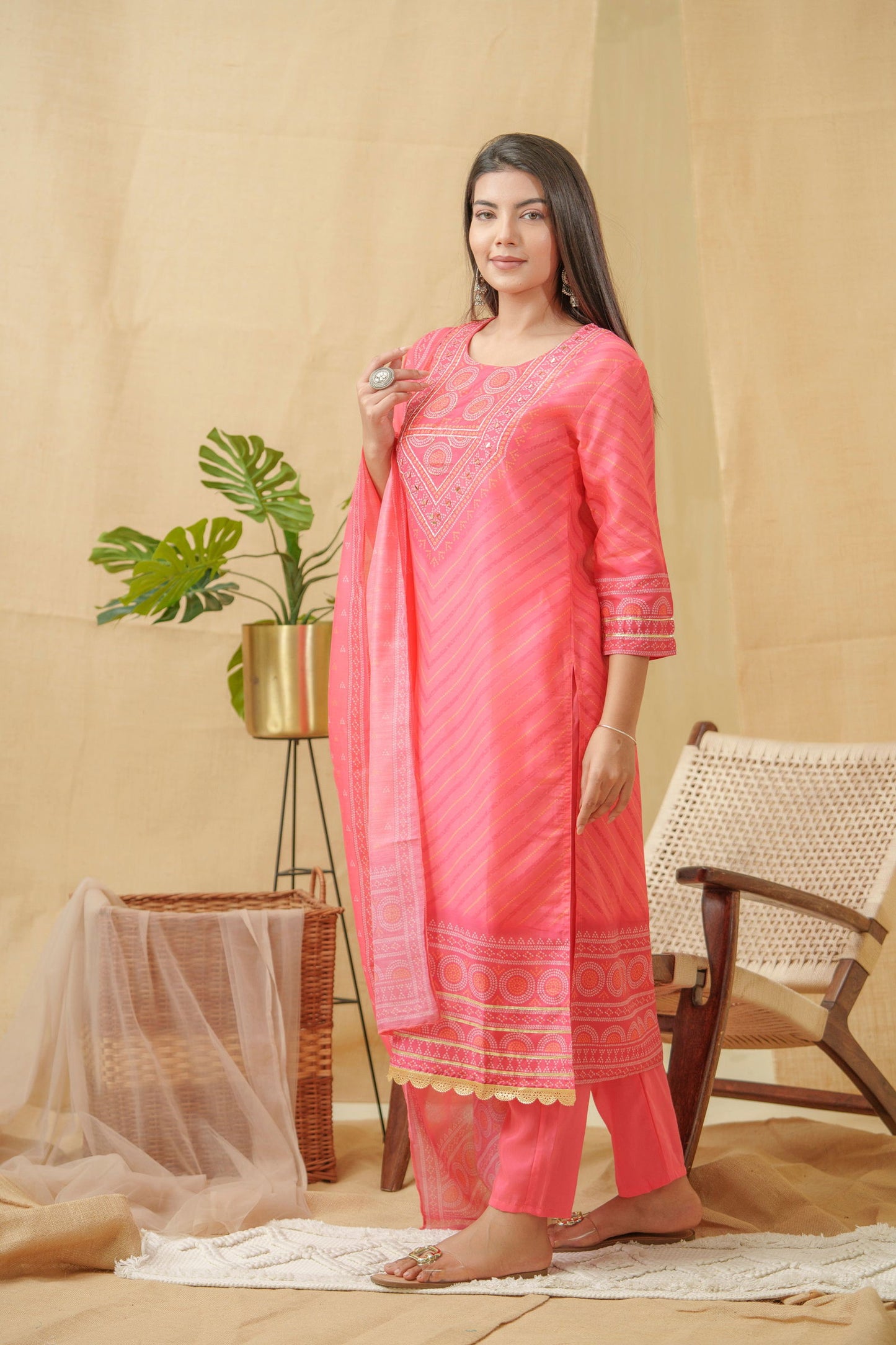 Bandhani Printed Thread Work Linen Kurta With Trousers & Dupatta - Buy Best Ethnic Wear for Women & Girls | Daily Woman - 
