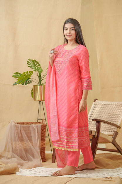 Bandhani Printed Thread Work Linen Kurta With Trousers & Dupatta - Buy Best Ethnic Wear for Women & Girls | Daily Woman - 