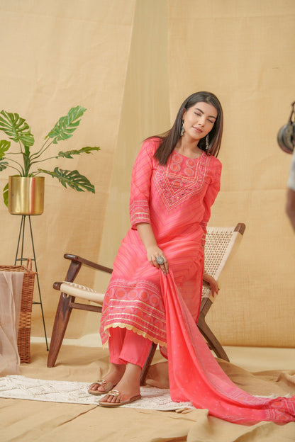 Bandhani Printed Thread Work Linen Kurta With Trousers & Dupatta - Buy Best Ethnic Wear for Women & Girls | Daily Woman - 