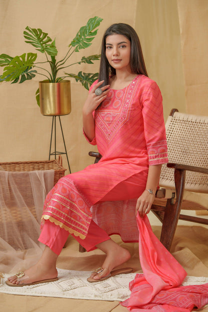Bandhani Printed Thread Work Linen Kurta With Trousers & Dupatta - Buy Best Ethnic Wear for Women & Girls | Daily Woman - 
