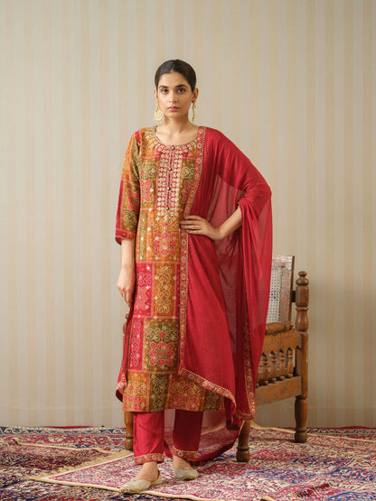 Bandhani Printed Thread Work Regular Pure Silk Kurta With Trousers & Dupatta - Buy Best Ethnic Wear for Women & Girls | Daily Woman - 