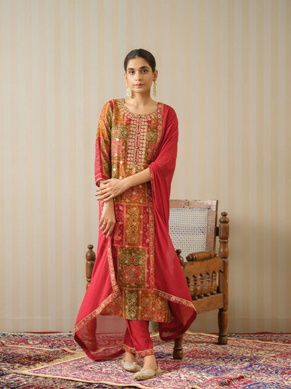 Bandhani Printed Thread Work Regular Pure Silk Kurta With Trousers & Dupatta - Buy Best Ethnic Wear for Women & Girls | Daily Woman - 