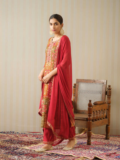 Bandhani Printed Thread Work Regular Pure Silk Kurta With Trousers & Dupatta - Buy Best Ethnic Wear for Women & Girls | Daily Woman - 